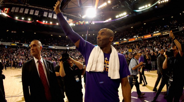 SACRAMENTO CA- JANUARY 07 Kobe Bryant #24 of the Los Angeles Lakers waves to the crowd after their game against the Sacramento Kings at Sleep Train Arena