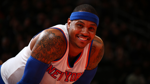 Carmelo Anthony of the New York Knicks smiles during a game against the Boston Celtics on Feb. 3 2015 at Madison Square Garden