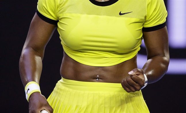 Serena Williams of the United States reacts as she plays Daria Kasatkina of Russia during their third round match at the Australian Open tennis championships in Melbourne Australia Friday Jan. 22 2016