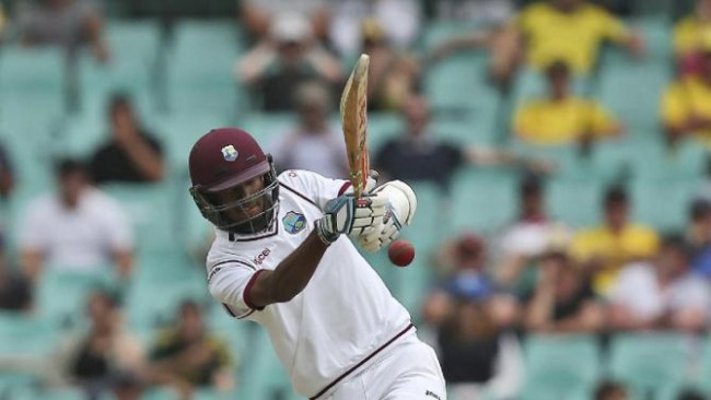 West Indies batsman Kraigg Brathwaite plays a shot during their cricket test match against Australia in Sydney Sunday Jan. 3 2016