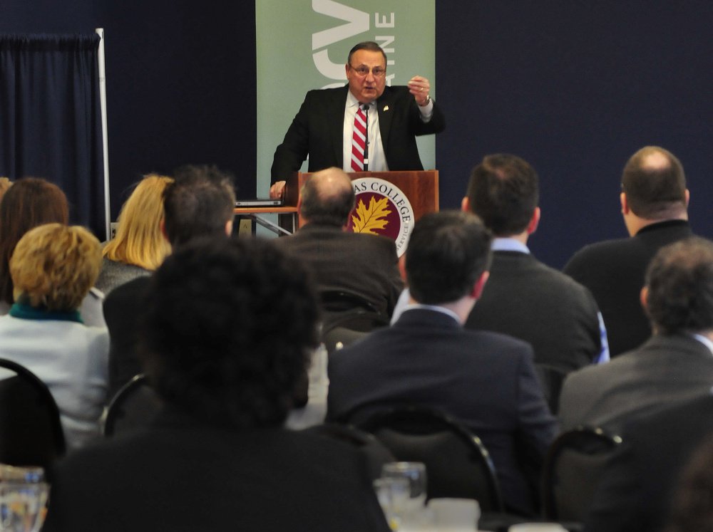 Gov. Paul Le Page speaks about his ideas to help the state be more prosperous during a Mid Maine Chamber of Commerce business breakfast series at Thomas College in Waterville on Thursday morning