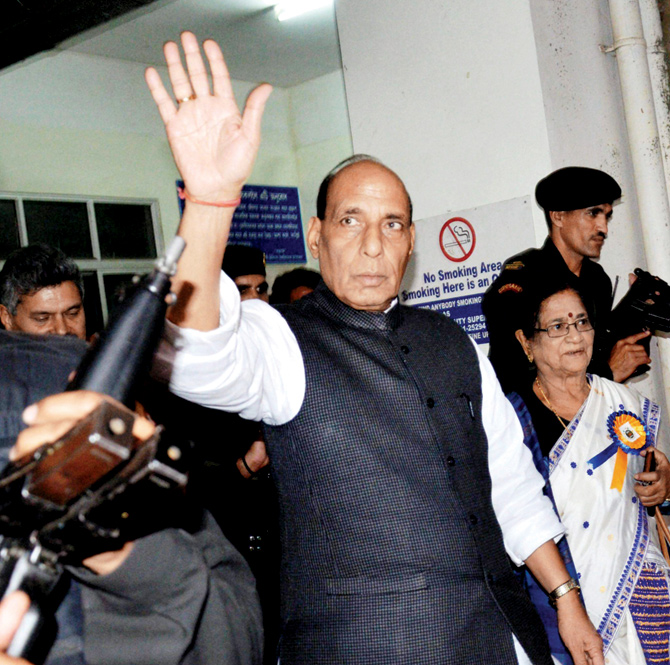 Rajnath Singh at the Gauhati Medical College Hospital. PIC  PTI