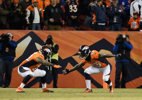 Denver Broncos running back Ronnie Hillman celebrates his touchdown with Denver Broncos running back C.J. Anderson during the fourth quarter against the San Diego Chargers on Jan. 3 2016 at Sports Authority Field at Mile High Stadium. (Helen Ri