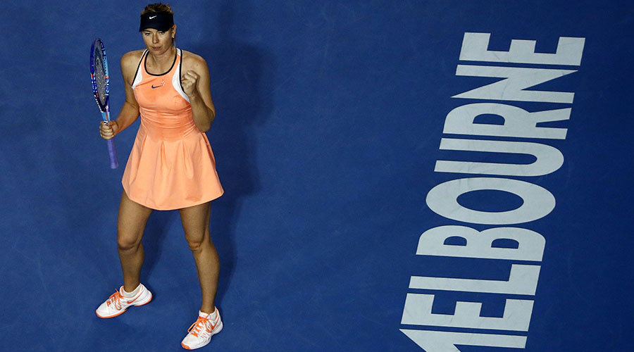 Russia's Maria Sharapova celebrates after winning her third round match against Lauren Davis of the U.S. at the Australian Open tennis tournament at Melbourne Park Australia