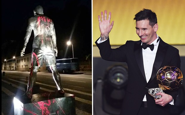 Messi's name and number were graffitied onto Ronaldo's hometown statue