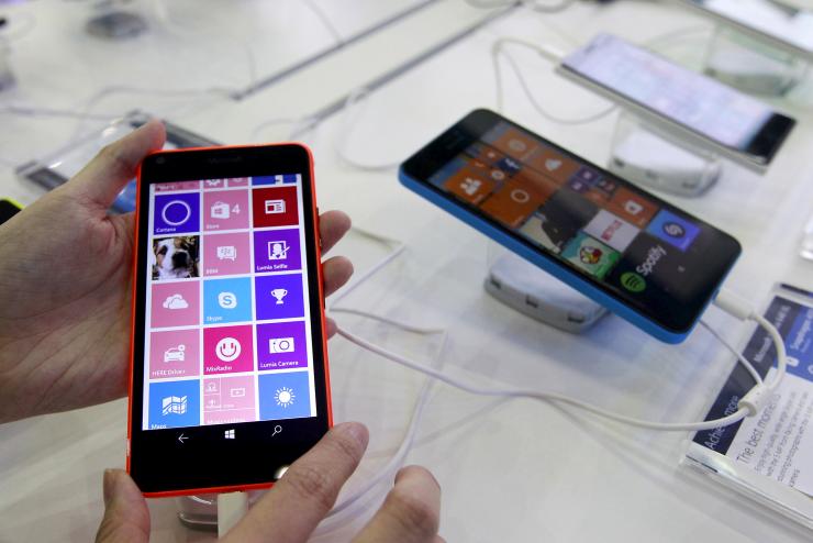 Microsoft's Lumia 640 smartphone is displayed at the Microsoft booth during the 2015 Computex exhibition at the TWTC Nangang exhibition hall in Taipei Taiwan