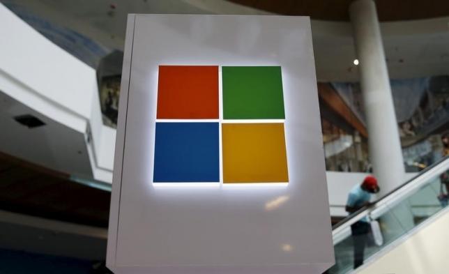 A Microsoft logo is seen at a pop-up site for the new Windows 10 operating system at Roosevelt Field in Garden City New York