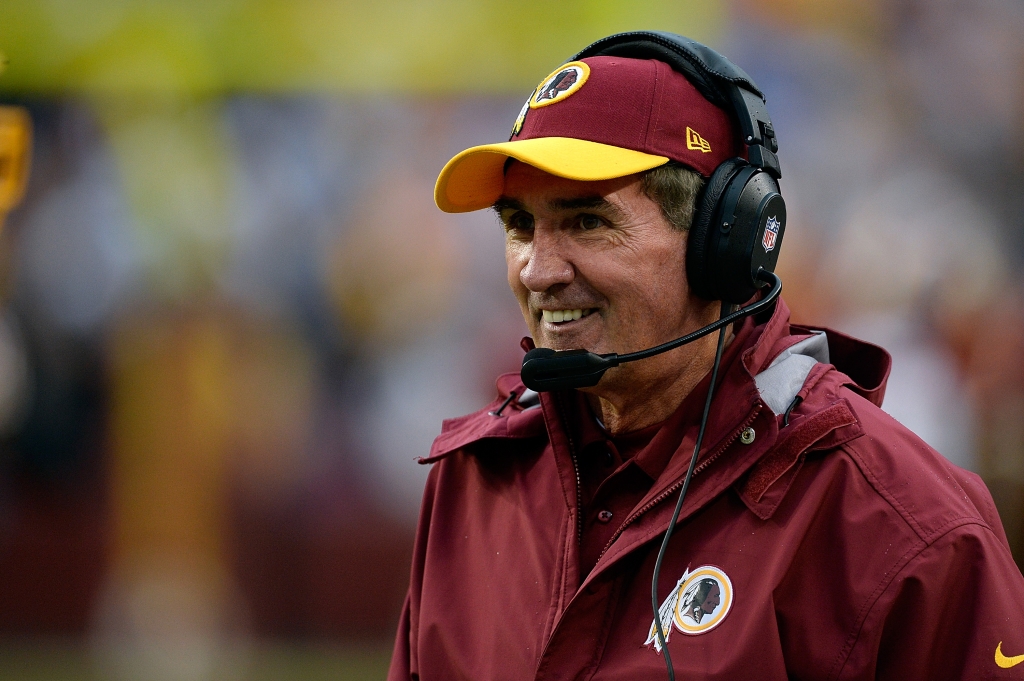 Head coach Mike Shanahan of the Washington Redskins reacts on the sideline after a play in the second half during an NFL game against the Dallas Cowboys at FedExField