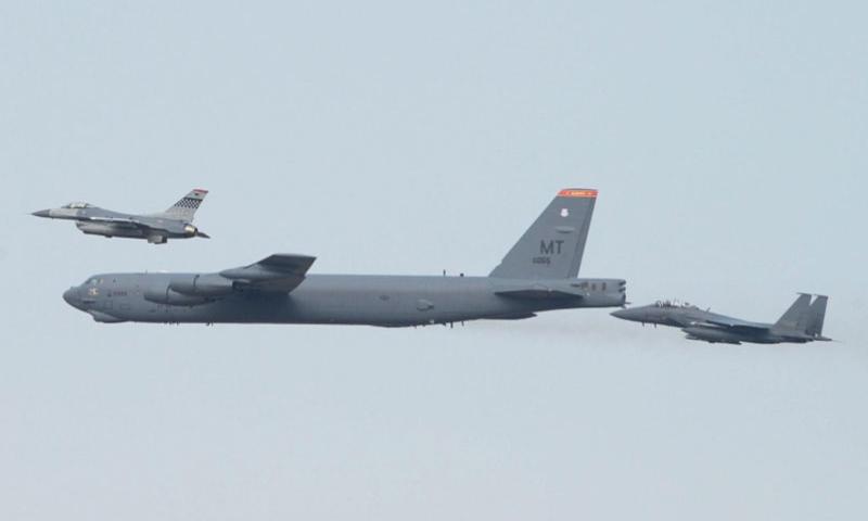 A U.S. B-52 bomber from Andersen Air Force Base Guam flew low over Osan South Korea in response to a recent nuclear test by North Korea. The B-52 was joined by Republic of Korea F-15 fighter aircraft and U.S. F-16 fighter aircraft.  Courtesy of U.S