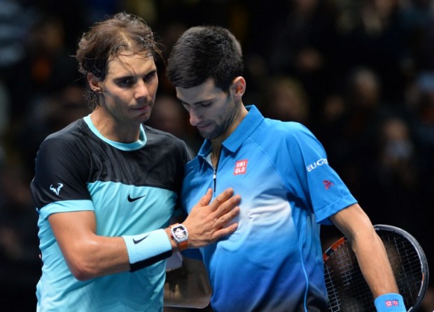 FILE—Serbia's Novak Djokovic greets Spain's Rafael Nadal after winning the men's singles semi-final match on day seven of the ATP World Tour Finals tennis tournament in London