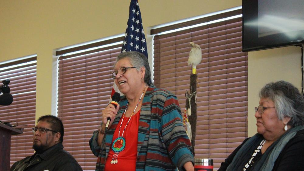 Burns Paiute Tribal Chairperson Charlotte Rodrique talks to reporters about the armed occupation of the Malheur National Wildlife Refuge near Burns Ore. on Wednesday