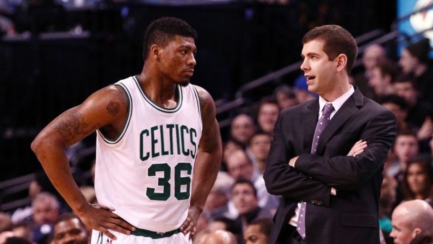 Jan 30 2015 Boston MA USA Boston Celtics head coach Brad Stevens speaks to guard Marcus Smart during the second half of a game against the Houston Rockets at TD Garden. Mandatory Credit Mark L. Baer-USA TODAY Sports