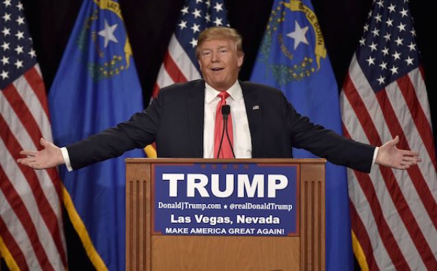 U.S. Republican presidential candidate and businessman Donald Trump speaks at a campaign rally at South Point Resort and Casino in Las Vegas Nevada