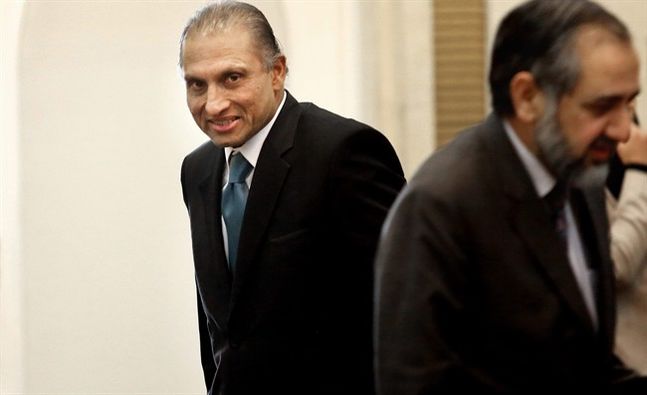 Head of Pakistani delegations Aizaz Chaudhry left arrives for a meeting to discuss a road map for ending the war with the Taliban at the Presidential Palace in Kabul Afghanistan Monday Jan. 18 2016. Representatives of four countries will meet in