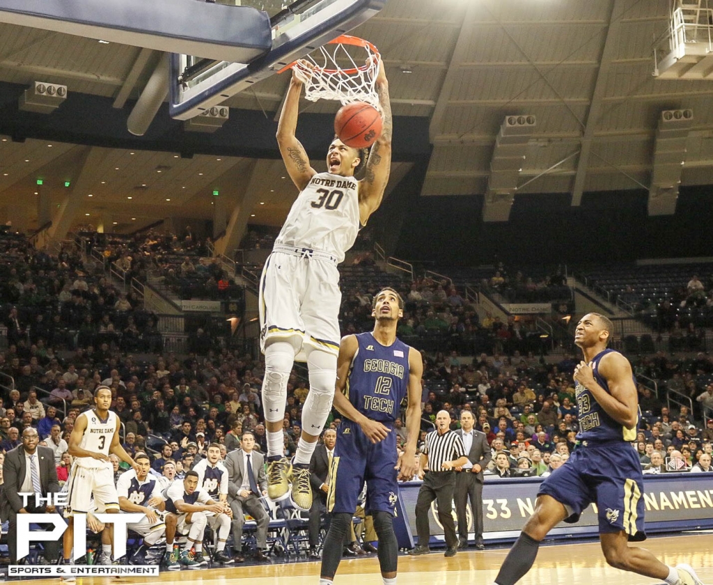 Zach Auguste slams home the dunk against Georgia Tech Wednesday night at Purcell Pavilion. The senior rattled off 24 points to lead all scorers. Evan J. Thomas  The Pit