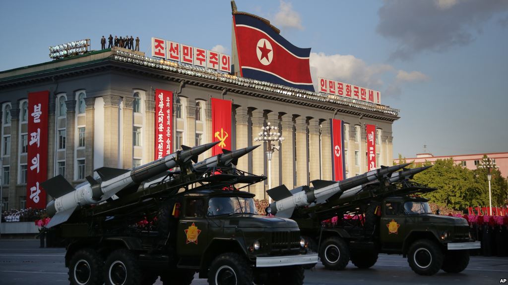 FILE- North Korean soldiers parade through Kim Il Sung Square with their missiles and rockets during a mass military parade Oct. 10 2015 in Pyongyang North Korea