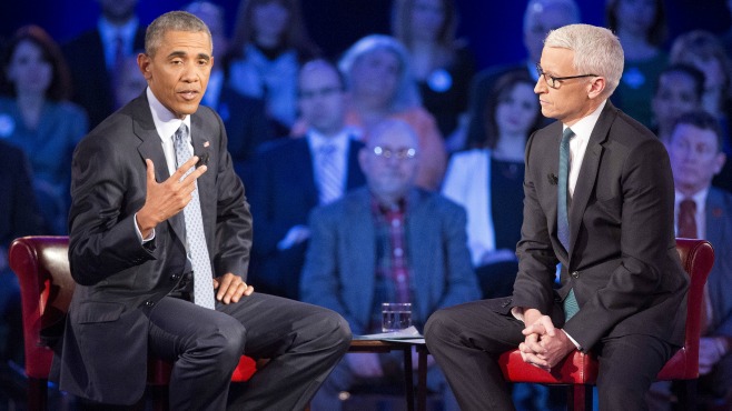 Obama speaks at a town hall meeting with Anderson Cooper about gun violence in America