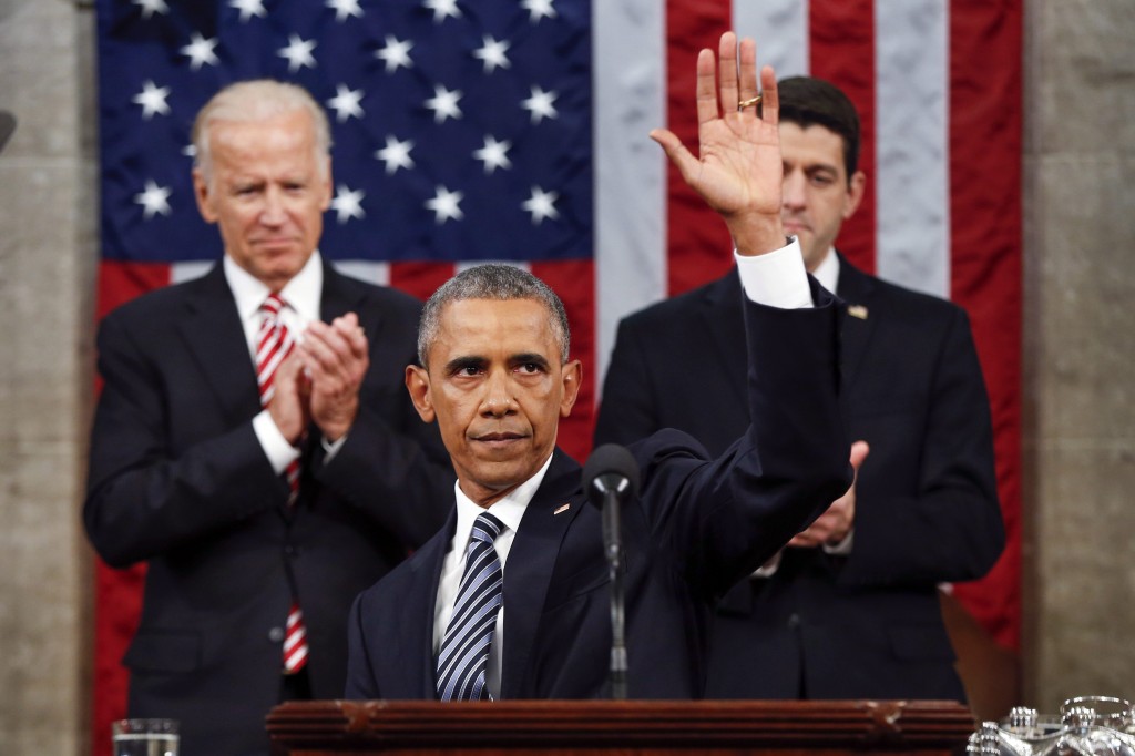 President Barack Obama waves at the conclusion of his State of the Union address to a joint session of Congress on Capitol Hill in Washington Tuesday Jan. 12 2016