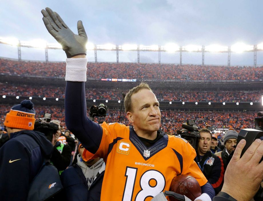 Denver Broncos quarterback Peyton Manning waves to spectators following the AFC Championship game between the Denver Broncos and the New England Patriots Sunday Jan. 24 2016 in Denver. The Broncos defeated the Patriots 20-18 to advance to the Super Bo