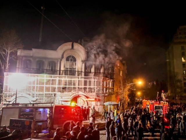 Iranian protesters set fire to the Saudi Embassy in Tehran during a demonstration against the execution of prominent Shia Muslim cleric Nimr al Nimr by Saudi authorities