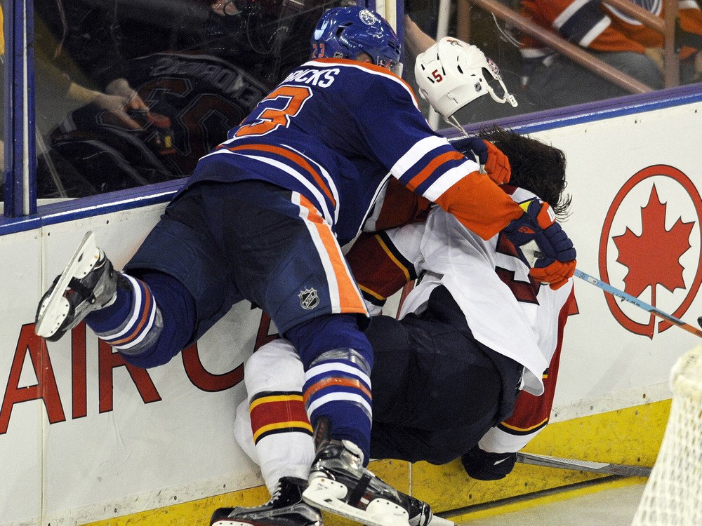 Edmonton Oilers&#039 Matt Hendricks was suspended three games by the NHL for this hit along the boards on Florida Panthers&#039 Aaron Ekblad at Rexall Place