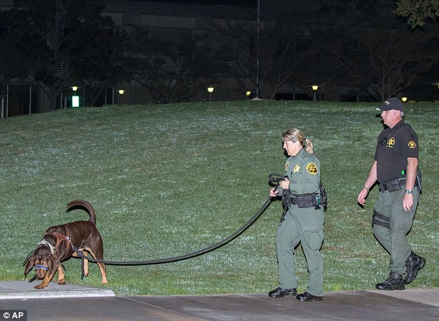 Orange County sheriff's deputies and a search dog investigate early Saturday morning after the inmates escaped