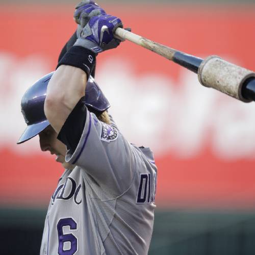 Corey Dickerson gets ready for his at-bat during the first inning of a baseball game against the Los Angeles Angels Wednesday