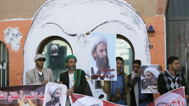 Supporters of the Houthi movement protest against the execution of Shi’ite Muslim cleric Nimr al Nimr in Saudi Arabia during a demonstration in Sanaa Yemen. The posters read “Martyr Sheikh Nimr al-Nimr.”