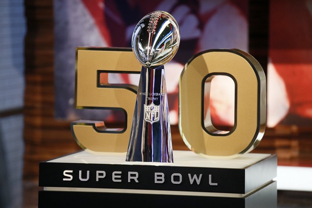 The Vince Lombardi Trophy stands n front of the No. 50 the number of the Super Bowl following the upcoming season during a media availability at the NFL Network studios Wednesday Sept. 9 2015 in Culver City Calif