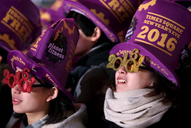 People gather during New Year celebrations in Times Square in the Manhattan borough of New York