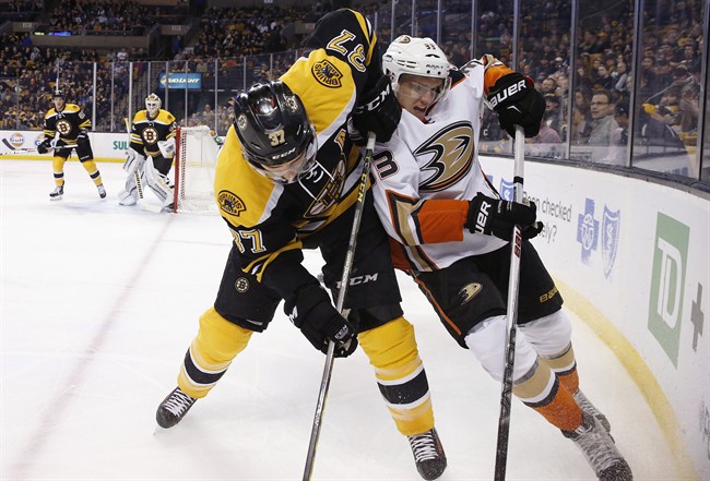 Boston Bruins Patrice Bergeron and Anaheim Ducks Jakob Silfverberg battle for the puck during the first period of an NHL hockey game in Boston Tuesday Jan. 26 2016