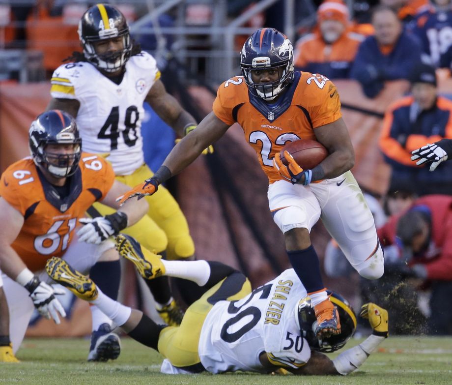 Broncos running back Ronnie Hillman rumbles over Steelers inside linebacker Ryan Shazier