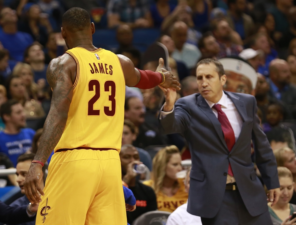 Dec 11 2015 Orlando FL USA Cleveland Cavaliers forward Le Bron James high fives head coach David Blatt against the Orlando Magic during the second half at Amway Center. The Cavaliers won 111-76. Mandatory Credit Kim Klement-USA TODAY Sports