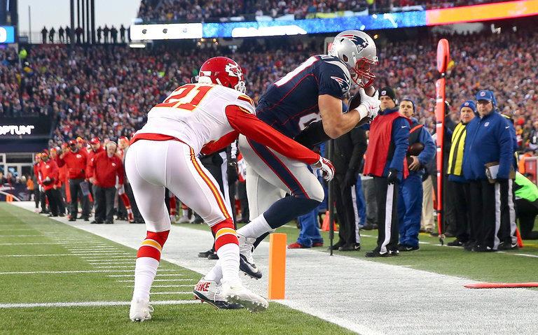 Rob Gronkowski caught a touchdown pass on New England’s opening drive against the Chiefs. Credit Elsa  Getty Images