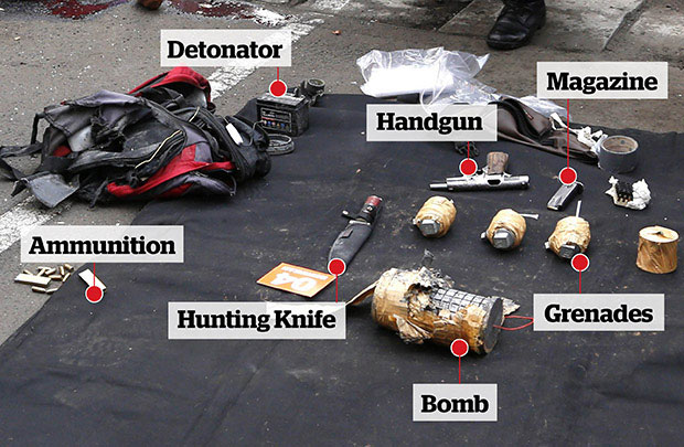 Police found this arsenal in a rucksack carried by one of the attackers