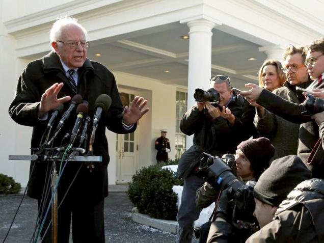 U.S. Democratic presidential candidate Bernie Sanders speaks to reporters at the White House after an Oval Office meeting with U.S. President Barack Obama on Wednesday