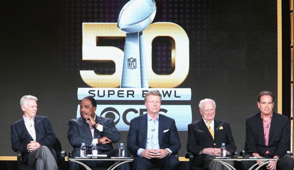 PASADENA CA- JANUARY 12  Chairman CBS Sports Sean McManus Host of THE SUPER BOWL TODAY James Brown Analyst Super Bowl 50 Phil Simms Play-by Play Announcer Super Bowl I Jack Whitaker and Play-by Play Announcer Super Bowl 50 Jim Nantz speak onst