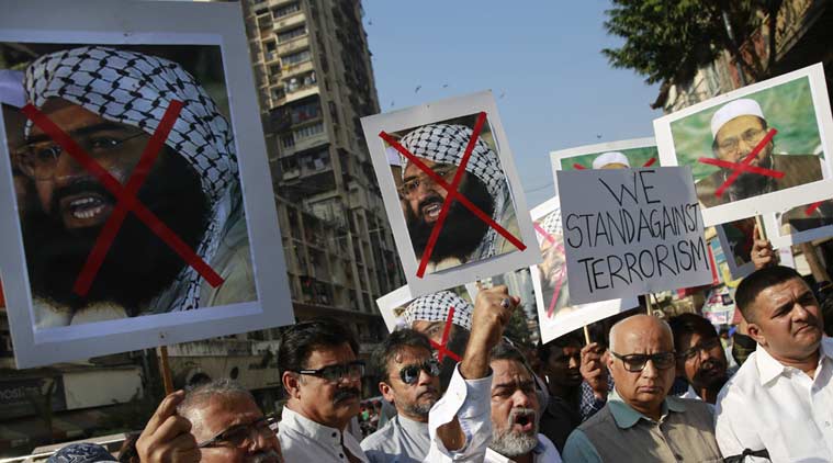 Protesters shout slogans against Masood Azhar and other JeM leaders