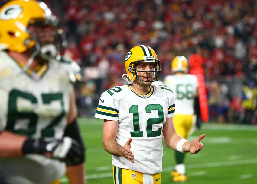 Dec 27 2015 Glendale AZ USA Green Bay Packers quarterback Aaron Rodgers reacts in the second half against the Arizona Cardinals at University of Phoenix Stadium. The Cardinals defeated the Packers 38-8. Mandatory Credit Mark J. Rebilas-USA TODAY Spo