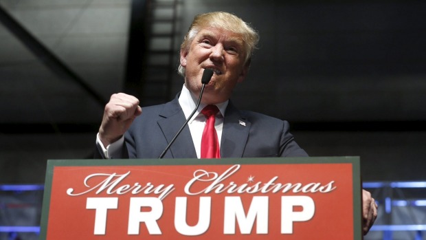 US Republican presidential candidate Donald Trump addresses the crowd during a campaign rally