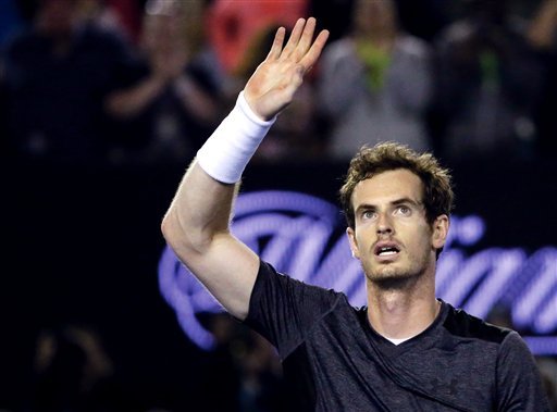 Andy Murray of Britain celebrates after defeating Bernard Tomic of Australia during their fourth round match at the Australian Open tennis championships in Melbourne Australia Monday Jan. 25 2016