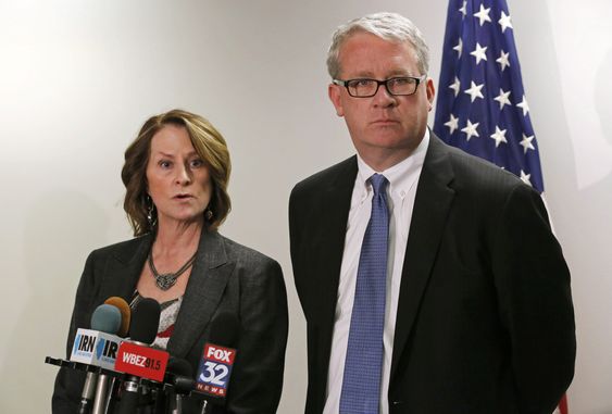 Illinois Senate Minority Leader Christine Radogno R-Lemont left and House Minority Leader Jim Durkin R Western Springs talk to reporters after a meeting in Chicago with Gov. Bruce Rauner. On Wednesday