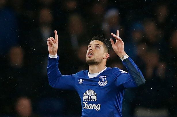 Kevin Mirallas celebrates scoring the second goal for Everton