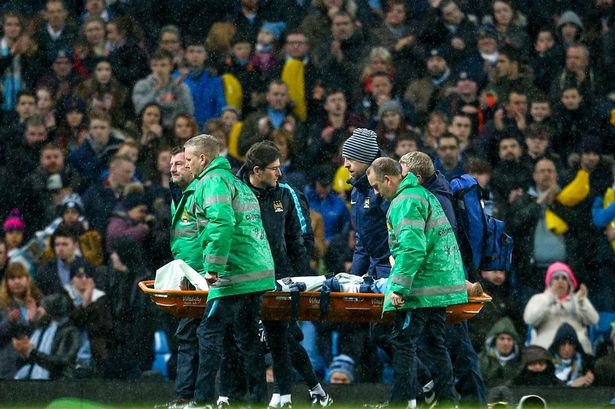 Kevin De Bruyne of Manchester City is carried off on a stretcher with bad injury