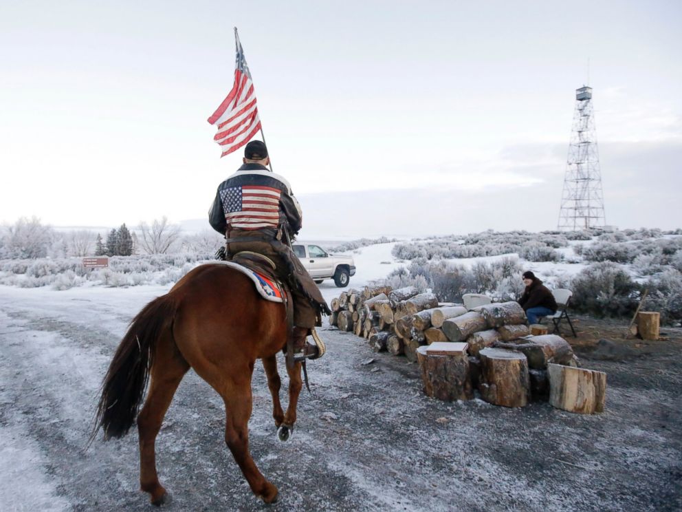 Irrigon Ore. a supporter of the group occupying the Malheur National Wildlife Refuge rides his horse at Malheur National Wildlife Refuge Friday Jan. 8 2016 near Burns Ore