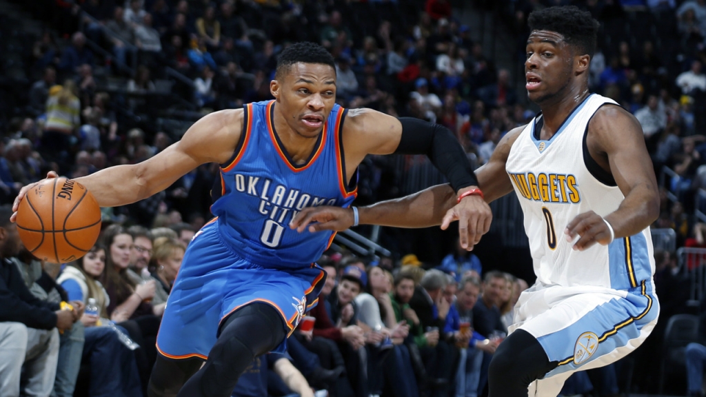 Russell Westbrook and Kevin Durant starred as Oklahoma City defeated Denver 110-104 in the NBA