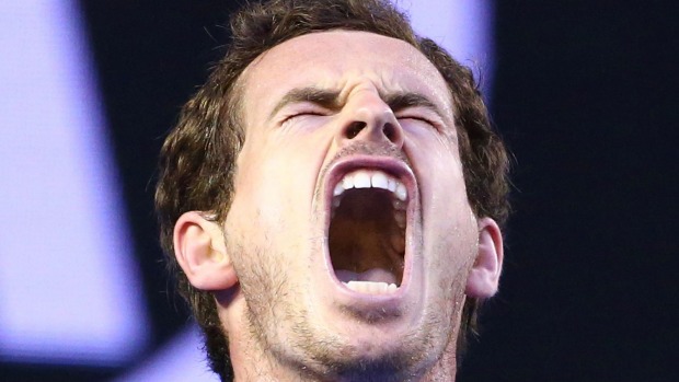 Andy Murray reacts in his fourth round match against Bernard Tomic