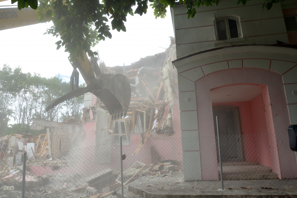 A general view of the former Miami Beach home of the late Colombian drug lord Pablo Escobar as it is demolished