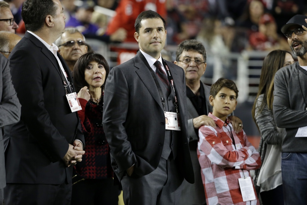 San Francisco 49ers owner Jed York watches from the sideline with his mother Denise De Bartolo York left and uncle Eddie De Bartolo Jr. right during an NFL football game against the Minnesota Vikings in Santa Clara Calif. Monday Sept. 14 2015. (AP P