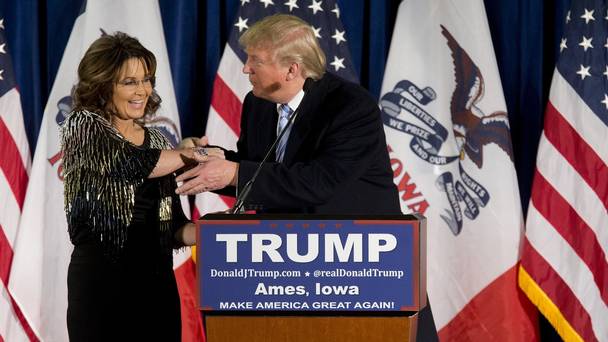 Sarah Palin endorses Republican presidential candidate Donald Trump during a rally at the Iowa State University